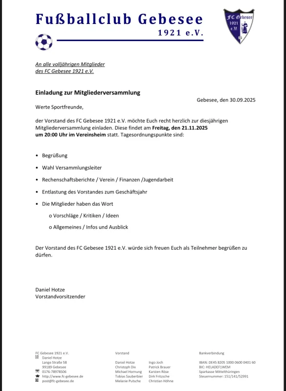 Einladung Mitgliederversammlung